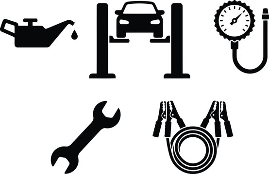 Set of car service icons, including oil change, car lift, tire pressure gauge, wrench, and jumper cables