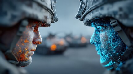 Obraz premium Two soldiers in tactical gear face each other, one illuminated with fiery orange, the other with electric blue. ..Created with Generative AI, not depicting real subjects.