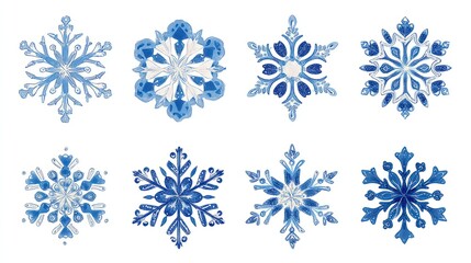 Fototapeta premium Watercolor blue snowflakes collection isolated on white background for winter designs