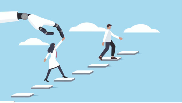 A robotic arm assists a professional woman by placing stepping stones for her to walk on while a man leads ahead in this digital illustration of ai support