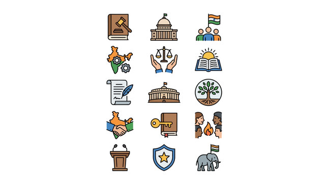 Colorful icons representing Indian democracy and governance