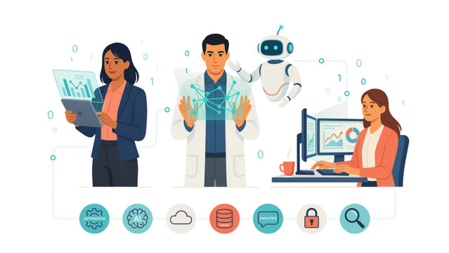 Business people using digital technology and artificial intelligence with a small robot in a modern professional office Vector