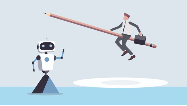 Business professional riding a giant pencil hovering near a friendly robot in a minimalist flat illustration representing innovation