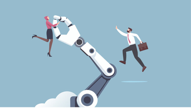 A large robotic arm helps a businesswoman reach a goal while a businessman runs toward success in this flat vector illustration about automation