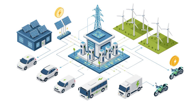 An isometric illustration depicting a smart grid system integrating renewable energy sources like solar panels and wind turbines to power electric vehicles and other devices.