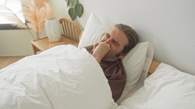 Man pinches nose and rubs his face under a white duvet in bedroom on wooden bedframe beside vase and pampas grass; fatigue.