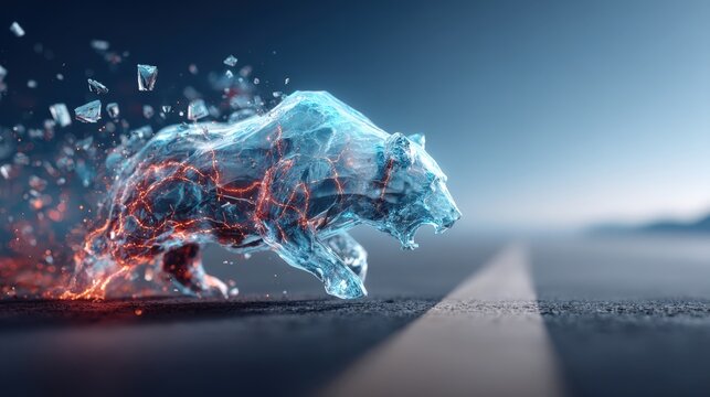 A dynamic digital artwork depicts a bear composed of ice and fire, caught mid-stride on a stark road. ..Created with Generative AI, not depicting real subjects.