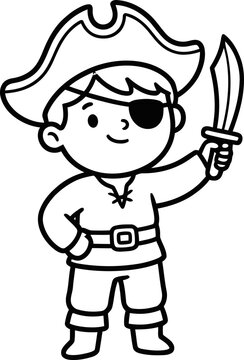 Cute Cartoon Pirate Boy with Eyepatch and Sword, Outline Drawing