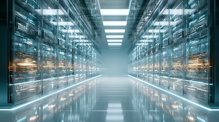 Fototapeta premium Dramatic dramatic server room interior with blue neon lighting, row of server racks, reflective floor, low angle shot, technology infrastructure, realistic photography, data center, 8k 
