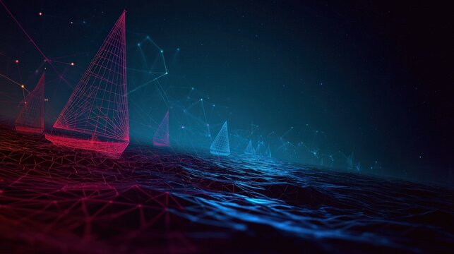 Abstract digital sailboats traverse a vibrant, neon-infused ocean. ..Created with Generative AI, not depicting real subjects.