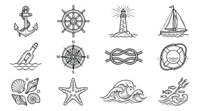Vintage nautical icons set, hand drawn maritime vector elements with anchor and lighthouse, black and white sea voyage illustrations for branding
