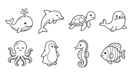 Hand drawn whale collection, minimalist line art sea mammal illustrations, set of 6 marine animal vectors including orca and narwhal for educational design © Sidra