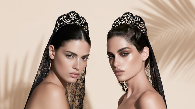 Two elegant female models wearing black lace mantilla veils and ornate headpieces, beige studio portrait with palm shadows, luxury beauty editorial for fashion, bridal, makeup and accessory branding.