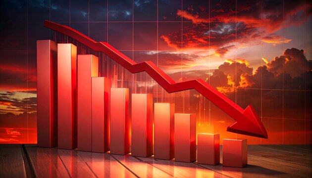 Negative growth visualization featuring a steep downward arrow and decreasing bar chart, representing business losses, financial decline, and economic contraction.