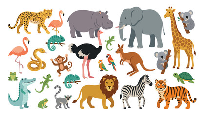 Wild exotic animals cartoon characters set. Elephant, lion, tiger, giraffe, zebra, hippopotamus, leopard and safari. ©  AR Studio Company