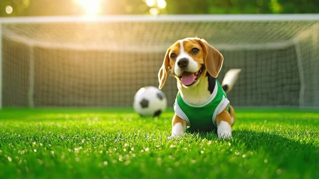 Adorable dog wearing green shirt lying on soccer field near goal net with blurring ball. Cute beagle puppy at football stadium during sunny day as summer sport concept.