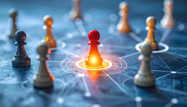 Red pawn glows brightly, commanding attention. Black and white pawns surround it, subdued