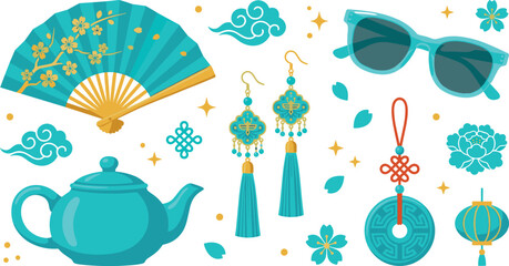 Traditional Chinese Turquoise Vector Icon Set with Fan Teapot Tassel Earrings Jade Knot and Modern Sunglasses for Modern Cultural Fusion Designs © Auwal