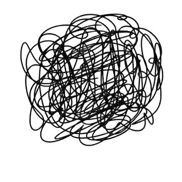 Doodle white chaotic scribble ink stroke or pencil lines in circle or spherical silhouette. abstract 2d animation insane tangled element isolated on white background.