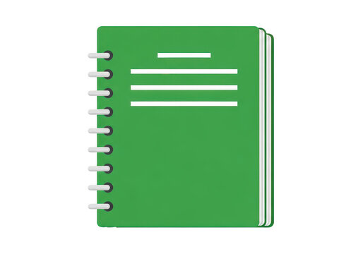Green spiral notebook with tabs on wooden desk isolated on transparent background