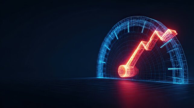 Digital speedometer gauge with a red rising trend graph, symbolizing performance, growth, and technology. ..Created with Generative AI, not depicting real subjects.
