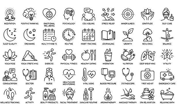 Mental Wellness Healthcare and Spa Outline Icons Collection Professional Vector Set