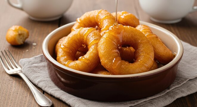 Delicious donuts are being drizzled with syrup in a bowl on a table.