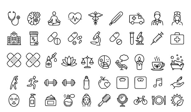 45 Wellness Mental Health and Healthcare Thin Line Icons Set Editable Stroke Vector Collection