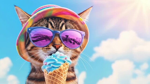 Adorable cat wearing sunglasses and colorful cap eating a blue ice cream cone on a sunny summer day with a clear blue sky background. Fun seasonal concept use for summer or spring holiday.