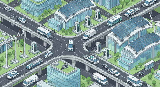 An isometric view of a futuristic smart city intersection with electric vehicles, charging stations, and wind turbines, showcasing sustainable urban development and advanced transportation systems.