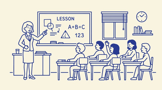 Female teacher explaining lesson to elementary students in classroom line art illustration.