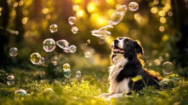 Happy border collie dog lying in green grass field outdoor sniffing air and looking upwards. Playful pet animal surrounded by colorful soap bubble floating around in magic light