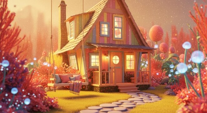 Casa de desenho animado colorida com balan&ccedil;o e caminho de jardim em cena diurna ao ar livre.