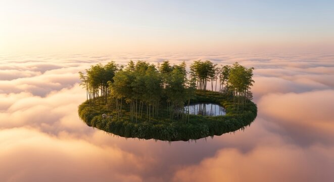 Ilha flutuante com &aacute;rvores e lagoa em meio &agrave;s nuvens sob um c&eacute;u ao nascer do sol.