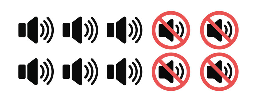 Forbidden sound and mute speaker volume icon collection for noise control in various public environments.