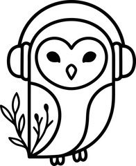 Naklejka premium Cute Owl Character with Headphones and Leaves - Minimalist Line Art