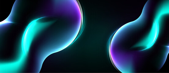 Naklejka premium Abstract fluid shapes, vibrant turquoise, purple hues. Dark background creates dramatic contrast, smooth gradients present.