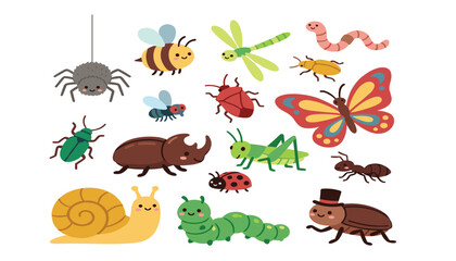 Naklejka premium Cute garden insects cartoon characters set. Butterfly, bee, spider, snail, caterpillar, beetle, grasshopper and ladybug.