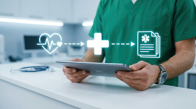 Close up of medical professional in green scrubs holding a tablet with floating digital icons for patient triage, health monitoring, and medical records in a clinic setting.