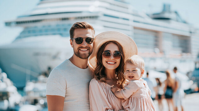 Portrait d'une jeune famille heureuse avec un b&eacute;b&eacute; profitant de vacances d'&eacute;t&eacute;. Parents souriants en lunettes de soleil posant devant un immense navire de croisi&egrave;re de luxe. Concept de voyage 