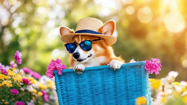 A happy corgi dog in a straw hat and sunglasses looking out of a blue woven basket amongst colorful flowers in a sunny outdoor setting for summer or spring concept