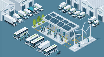 Fototapeta premium An isometric illustration depicts a futuristic sustainable energy hub powering various electric vehicles, including trucks, buses, and vans, alongside solar panels and wind turbines.
