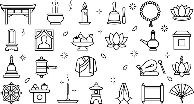 Japanese Buddhist Funeral Ritual Icon Set with Ancestral Mourning and Shrine Symbols