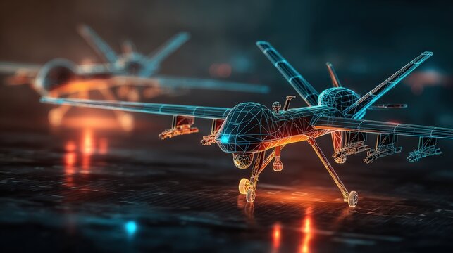 A futuristic drone, depicted as a wireframe model, stands ready for deployment. ..Created with Generative AI, not depicting real subjects.