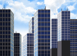 Fototapeta premium Modern city skyscrapers vector illustration under cloudy blue sky. Cartoon style urban cityscape background