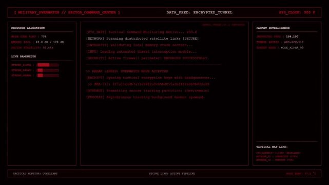 Military Overwatch Sector Command Center Network Security Dashboard Animation.