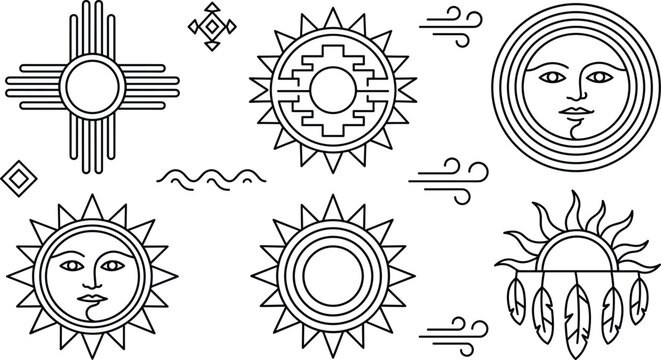 Native American Sun Icon Set with Tribal Zia and Southwestern Cultural Symbols