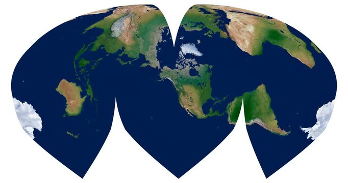 World Map. Interrupted Sinu-Mollweide projection animation. High-detail physical map with longitude rotation. Global view of Earth.