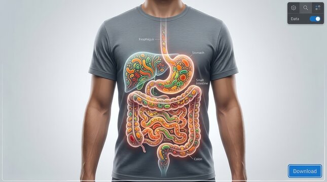 Human digestive system anatomy infographic with microbiome visualization inside a male torso for medical education