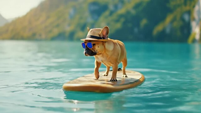 Brown dog stands on a wooden surfboard floating on turquoise blue water by a green hill. Summer activity scene